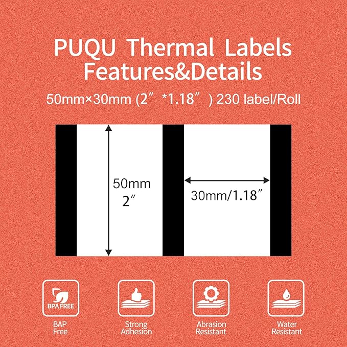 PUQU 50x30mm Transparent Direct Thermal Sticker Labels, Label Printer Self-Adhesive All-Purpose Rectangular Label Maker Tape, Refills Standard Laminated Office Labeling, 1 Roll of 230 Labels