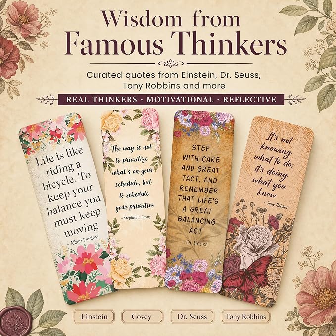 Bulk Bookmarks for Women - 96 Vintage Floral, 24 Unique Designs, 4 Copies Each - Inspirational Quotes by Famous Thinkers - 350 GSM Premium Cardstock for Book Clubs, Classrooms, Gift Inserts