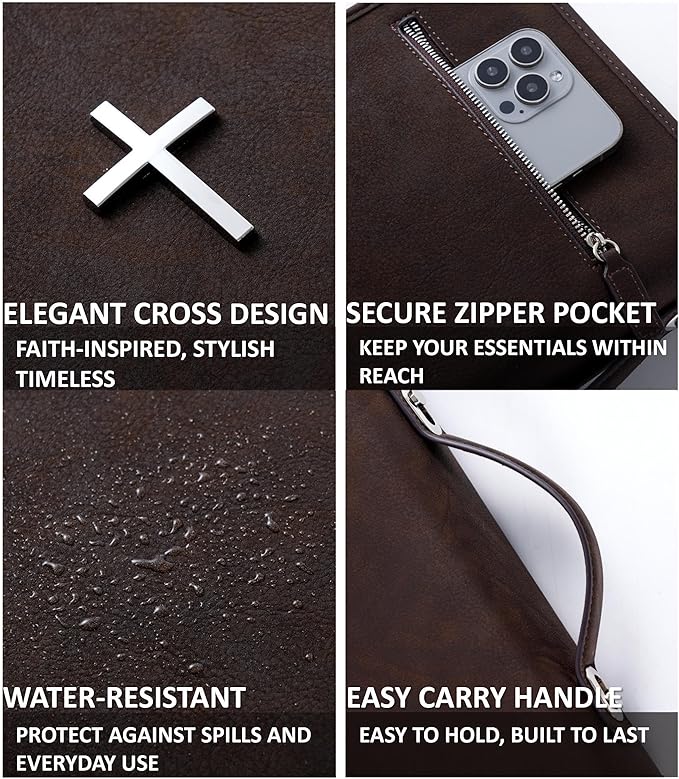 Vegan Leather Bible Cover Case, Bible Bag with Phone Pocket, Bible Case for Men Women, Christian Gift Box Packaging (Brown)