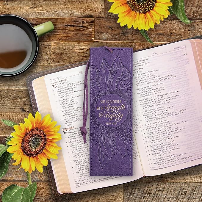 Christian Art Gifts Vegan Leather Scripture Bookmark for Women: Strength and Dignity - Proverbs 31:25 Inspirational Bible Verse Heat-Debossed, Faith-Based Reading Accessory w/Tassel, Purple Sunflower