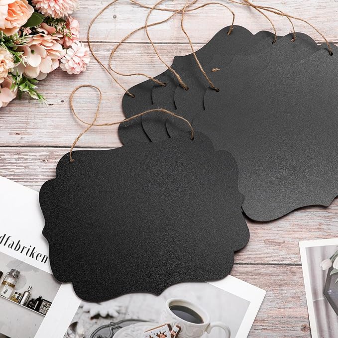 Qilery 12 Pieces 8 x 10 Inch Double Sided Hanging Chalkboard Signs Back to School Bulk Hanging Signs Message Board Black Wooden Chalkboard for Kitchen Wedding Party Decorations (Vintage)