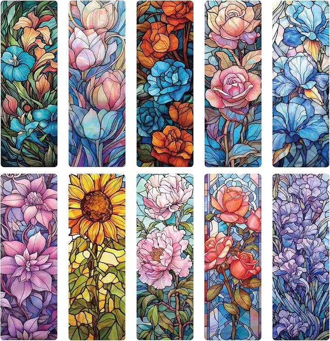 Pretty Flower Bookmark Gifts - 20 Pcs Floral Stained Glass Art Bookmarks for Women Students Book Lovers Aesthetic Plant Page Marks School Reading Accessories Bookish Birthday Graduation Gift