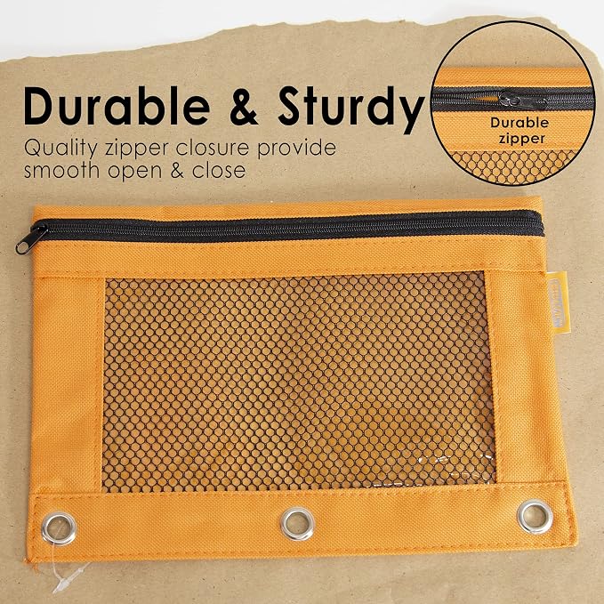 BAZIC Products Retro Color 3-Ring Pencil Pouch with Mesh Window, 600D Polyester Build, for School Binders Supplies