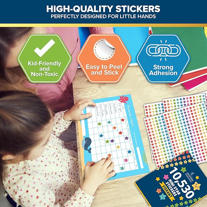 Decorably 10,530 Vibrant Small Star Stickers for Kids Reward - 45 Sheets with 5 Designs for Charts & Worksheets, Classroom Activities, Positive Reinforcement, Arts & Crafts, Scrapbooking, Gift