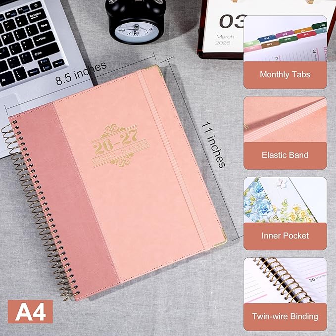 Planner 2026-2027, Leather Two-Tone Planner, 18 Month Weekly and Monthly Planner Calendar with Tabs, Jul 2026–Dec 2027, Large 8.5" x 11" A4 Hardcover Spiral Agenda Planner for Home, School and Work （Pink）