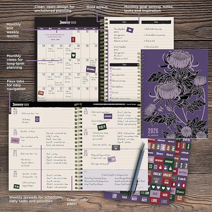 TF Publishing 2026 Witch's Flower Medium Weekly Monthly Planner with 12-Month Calendar Grid, Goals and Task Trackers - Weekly Schedule Planner with Notes Section and Stickers - 6.5in x 8in