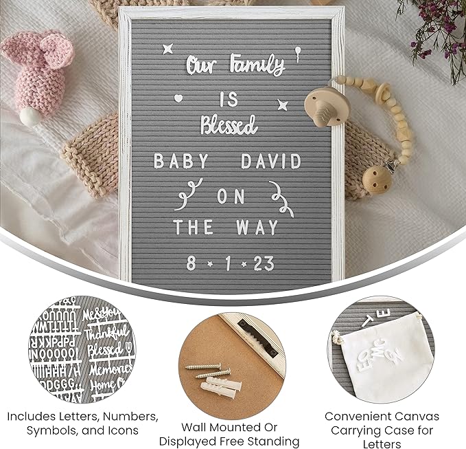 HBCY Creations 12"x17" Felt Letter Board - Solid Wood Frame - White Wash - Gray Felt - 389 PP Letters Including Numbers, Symbols, Icons - Canvas Carrying Case