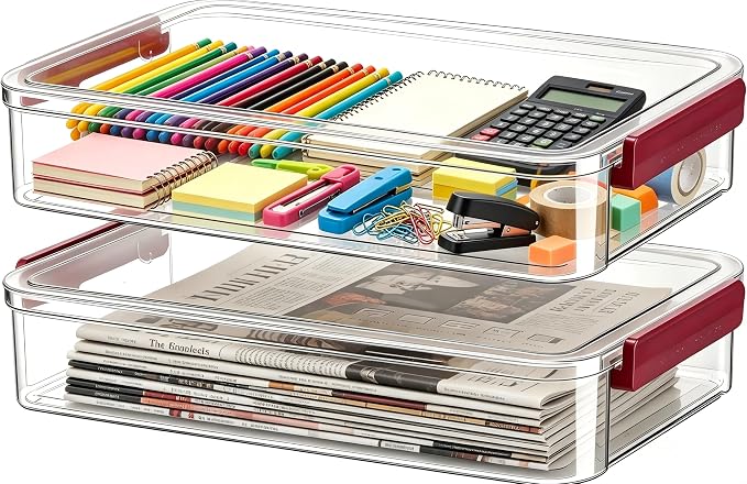 2 Pcs Plastic Storage Bins - Scrapbook Paper Organizer & Craft Storage Organizer, Plastic File Box for A4 Paper, Files, Stationery - Stackable Storage Boxes for Home/Office/School