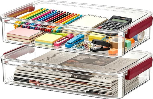 2 Pcs Plastic Storage Bins - Scrapbook Paper Organizer & Craft Storage Organizer, Plastic File Box for A4 Paper, Files, Stationery - Stackable Storage Boxes for Home/Office/School
