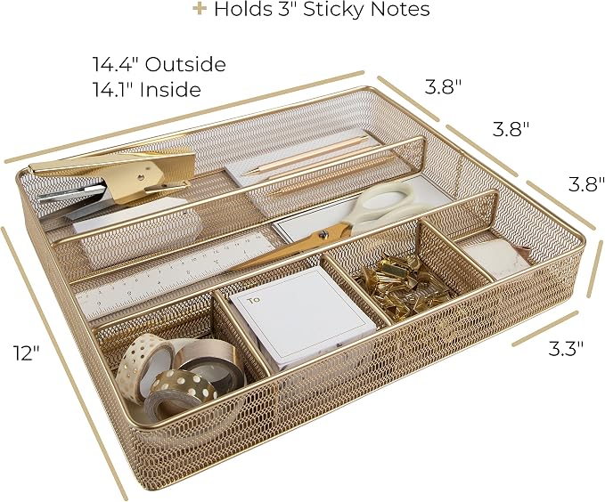 BLU MONACO | Gold Desk Drawer Organizer Tray with 6 Compartments | Metal Mesh Drawer Organizer for Office Supplies & Accessories | Large Desk Organizer for Drawers