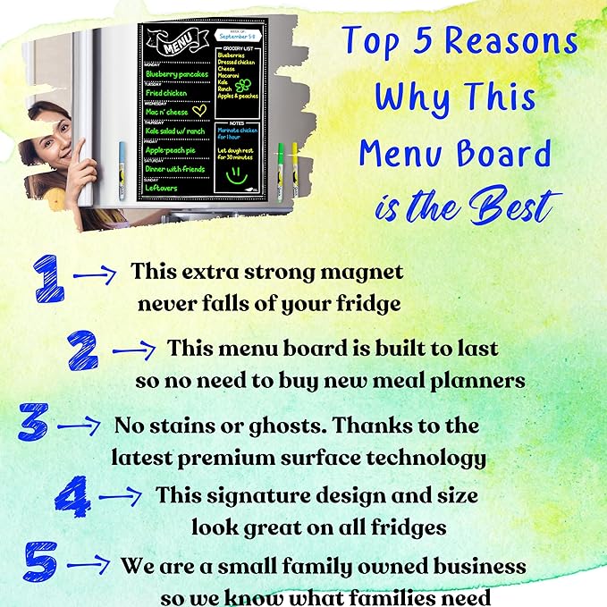 Magnetic Menu Board for Kitchen - 16x12” Black Chalkboard Calendar - Dry Erase Weekly Meal Planner for Fridge & Grocery List - With Vibrant Neon Chalk Markers - Easy to Use and Wipe Clean Magnet Board