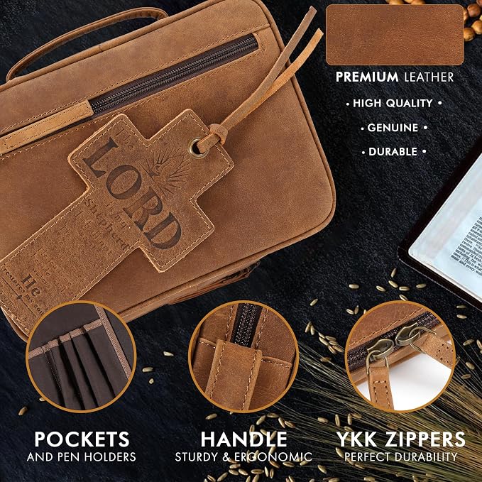 ELIZO Leather Bible Cover for Men Bible Case for Women Zippered Holder Protector Cross Church Tote Bag Carrying Organizer Sleeve Gift Standard Saddle