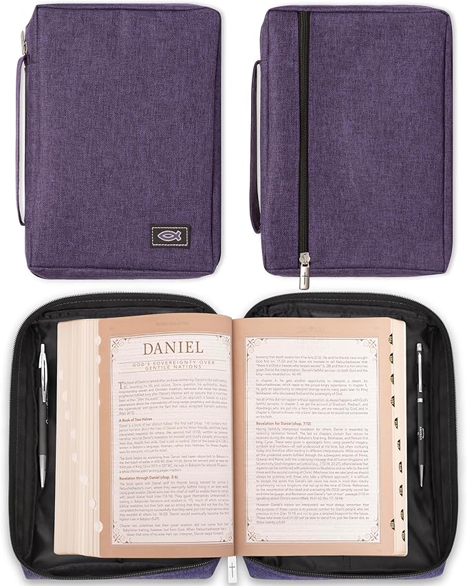 Christian Art Gifts Men/Women's Bible Cover Jesus Fish, Purple Canvas, Large
