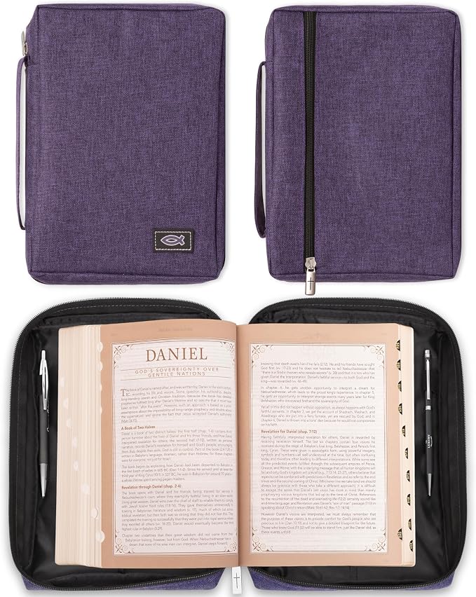 Christian Art Gifts Men/Women's Bible Cover Jesus Fish, Purple Canvas, Medium