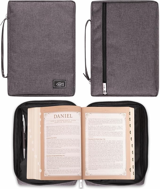 Christian Art Gifts Men/Women's Bible Cover Jesus Fish, Gray Canvas, Medium