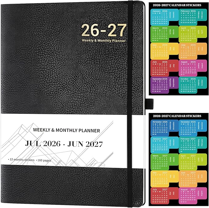 Planner 2026-2027 - JUL 2026 - JUN 2027, Planner Weekly and Monthly, Planner 2026-2027, 8.5" x 11", Leather Cover Planners with Thick Paper, Back Pocket with Notes Pages, Black