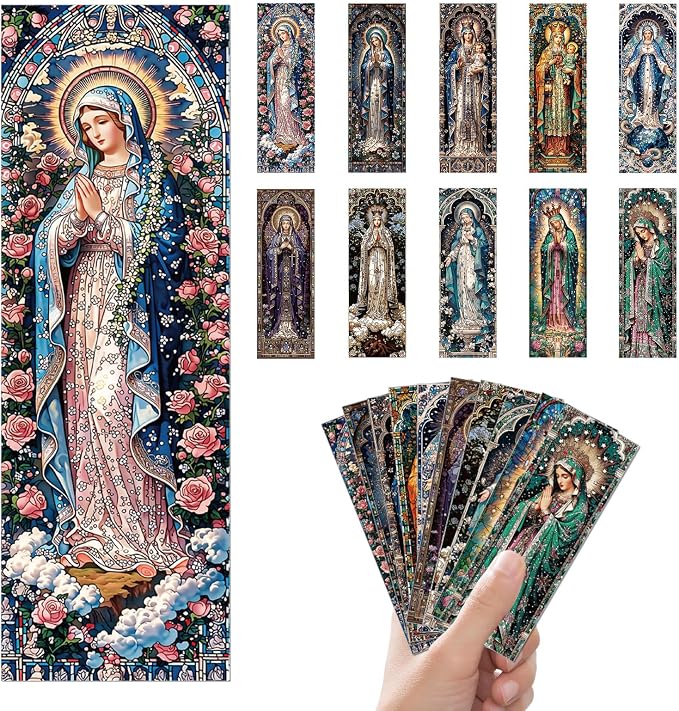 10 Pcs Stained Glass Bookmarks, Catholic Virgin Mary Transparent PVC Bookmark Bulk for Women Man, Christian Religious Book Mark for Reading Lovers Accessories Gifts
