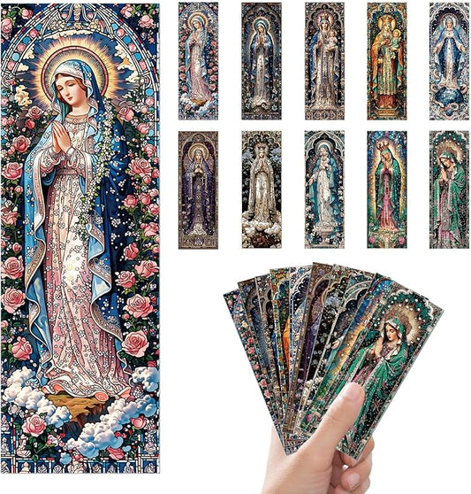 10 Pcs Stained Glass Bookmarks, Catholic Virgin Mary Transparent PVC Bookmark Bulk for Women Man, Christian Religious Book Mark for Reading Lovers Accessories Gifts