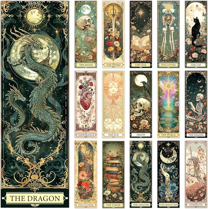 Wxiben Tarot Cards Bookmarks Gifts - 60 Pcs Fantasy Skull Bookmarks for Women Dark Romance Book Marks Moon Owl Butterfly Book Markers Page Marker Clip for Students Teachers Bookish Book Lovers Reading