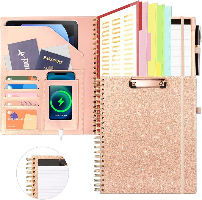 Ospelelf Clipboard with Storage for Women, Leather Padfolio Portfolio Organizer 5 Folders with 10 Pockets, Spiral Clipboard Folio with Notepad for Letter Size, Elastic Closure and Pen Loop Rose Gold