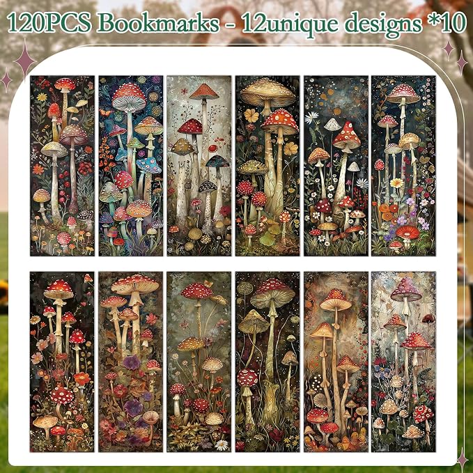 Mushroom Garden Bookmarks Gifts - 120 Pcs Whimsical Flower Bookmark Paper Double-Sided Reading Page Markers Clips Book Mark for Women Men Office Home Book Lovers Bookworm Party Supplies
