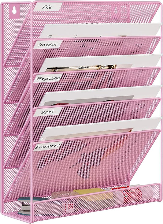 EasyPAG 5 Tier Wall File Holder, Mesh Hanging Folder Organizer with Classify Label, Versatile Desk File Holder, Vertical Wall Mounted Mail Organizer for Office Home Cubicle, Pink