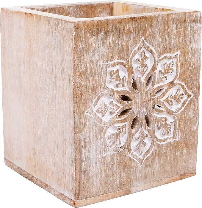 Mela Artisans Serena 4" x 3.5" Whitewash Wooden Pen Holder – Mango Wood Pencil Cup for Home Desk Organization & Rustic Office Decor