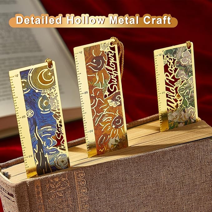 4 PCS Metal Bookmark Ruler, Hollow Van Gogh Book Marks for Reading Women & Men, Journals, Planners,Book Lovers Gift