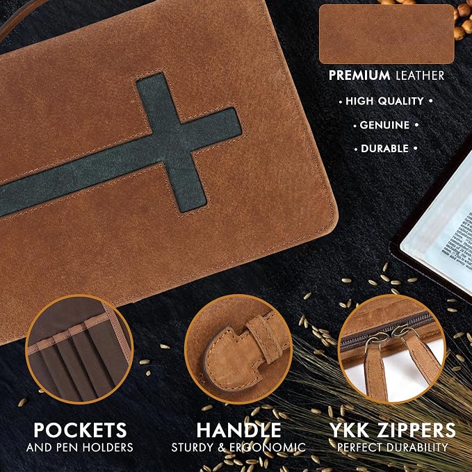 ELIZO Leather Bible Cover Bible Case for Men Women Genuine Leather Bible Bag Holder Cross Large Carrying with Zipper Case Protector Christian Religious Gifts for Mens Pioneer Saddle Green Study/Large