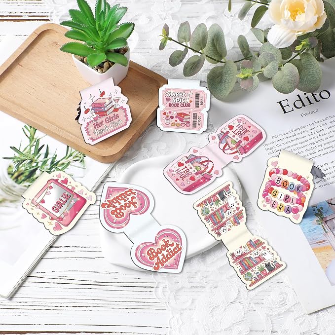 Cute Bookish Magnetic Bookmarks - 18 Pcs Pink Girly Book Marks Gifts Magnet Bulk Funny Page Marker Clip for Reading Lovers Women Girls Readers Students Teachers School Birthday Accessories