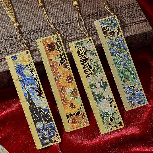 4 PCS Metal Bookmark Ruler, Hollow Van Gogh Book Marks for Reading Women & Men, Journals, Planners,Book Lovers Gift