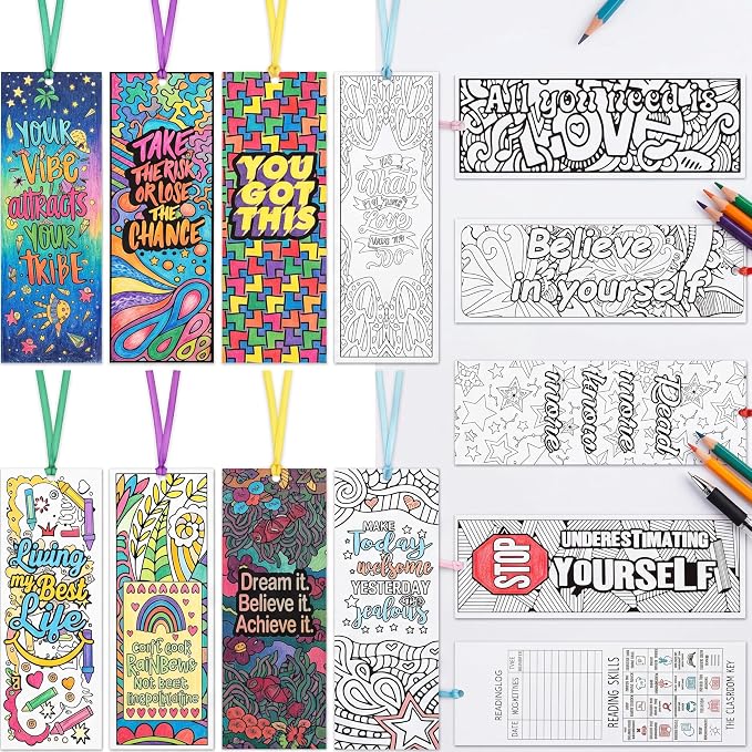 Gersoniel 120 Pieces Color Your Own Bookmark Inspirational Bookmarks for Students DIY Coloring Double-Sided Motivational Page Clip Personalized Inspirational for Kids Students Reading Activity Gift