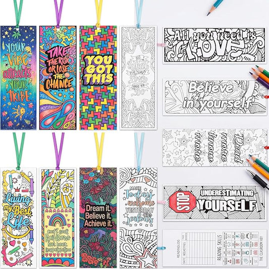Gersoniel 120 Pieces Color Your Own Bookmark Inspirational Bookmarks for Students DIY Coloring Double-Sided Motivational Page Clip Personalized Inspirational for Kids Students Reading Activity Gift
