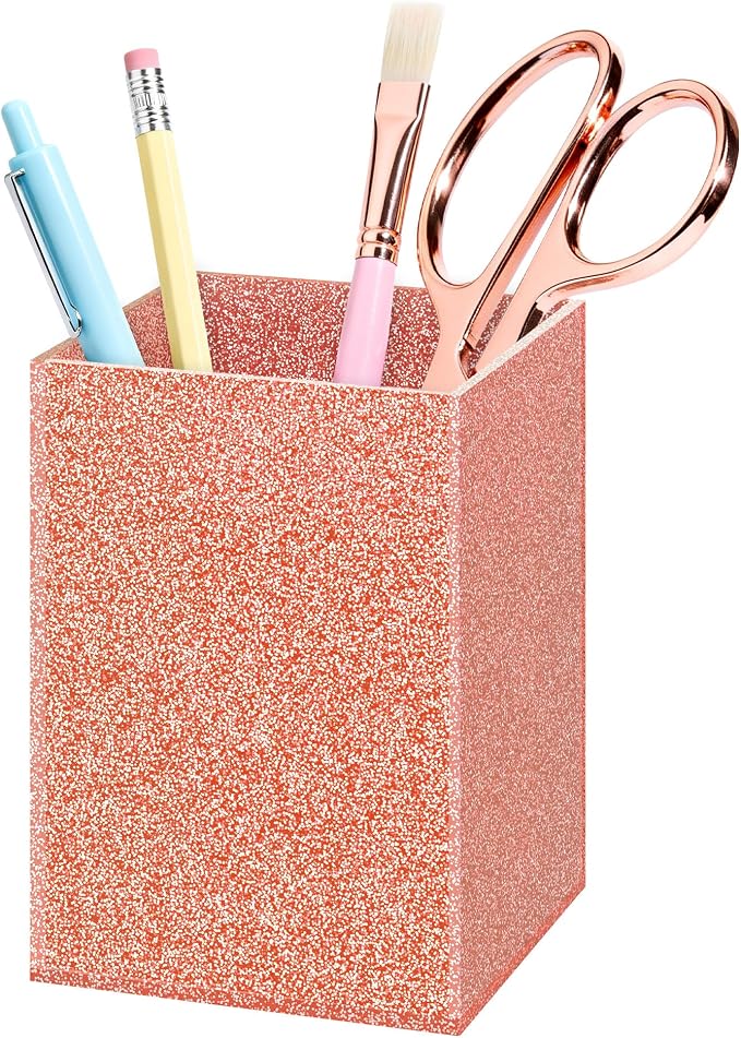 Light Pink Glitter Acrylic Pen Holder, Acrylic Makeup Brush Storage Organizer, Pencil Pen Holder for Desk, Modern Desktop Accessories for Office School Home Supplies