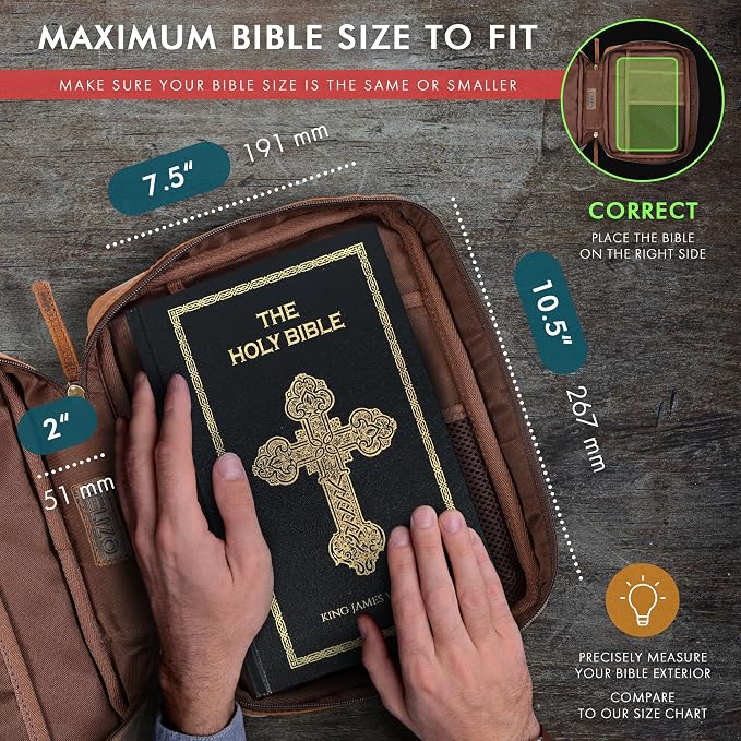 ELIZO Leather Bible Cover for Men Bible Case for Women Zippered Holder Protector Cross Church Tote Bag Carrying Organizer Sleeve Gift Study Antique