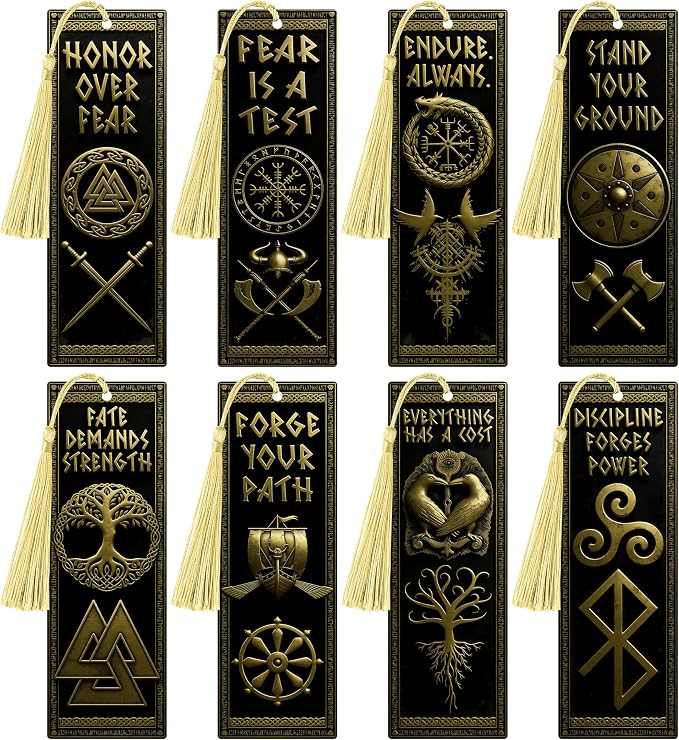 8Pcs Nordic Vikings Bookmarks for Men, Motivational Celtic Valknut Yggdrasil Compass Totem PVC Book Page Marker with Tassels Norse Mythology Party Favors Gift for Reading Lover Office School Classroom
