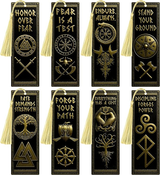 8Pcs Nordic Vikings Bookmarks for Men, Motivational Celtic Valknut Yggdrasil Compass Totem PVC Book Page Marker with Tassels Norse Mythology Party Favors Gift for Reading Lover Office School Classroom