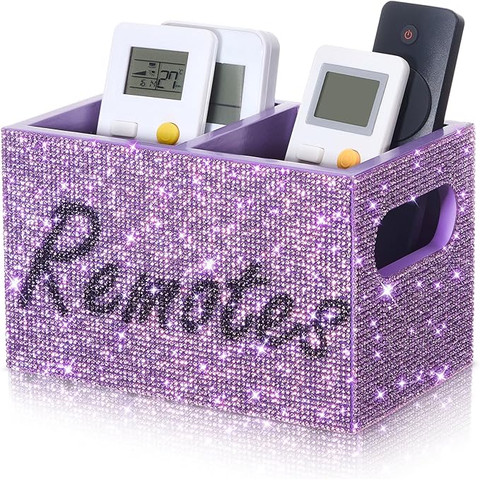 MotiMind Bling Rhinestone Remote Control Holder Crushed Diamond 2 Compartment Decorative TV Remote Caddy Organizer Storage Box Table Nightstand with and Label, Sparkly Gifts for Christmas (Purple)