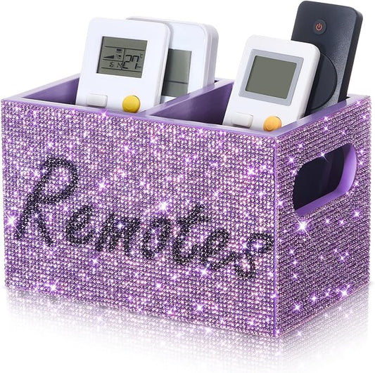 MotiMind Bling Rhinestone Remote Control Holder Crushed Diamond 2 Compartment Decorative TV Remote Caddy Organizer Storage Box Table Nightstand with and Label, Sparkly Gifts for Christmas (Purple)