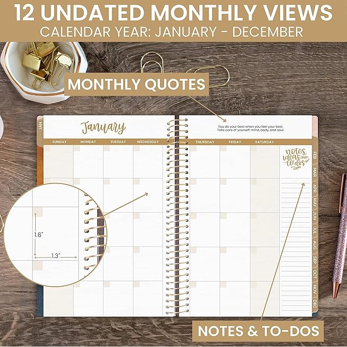 bloom daily planners UNDATED Weekly & Monthly Calendar Planner - Start Anytime (5.5” x 8.25”) - Earthy Abstract, Blue
