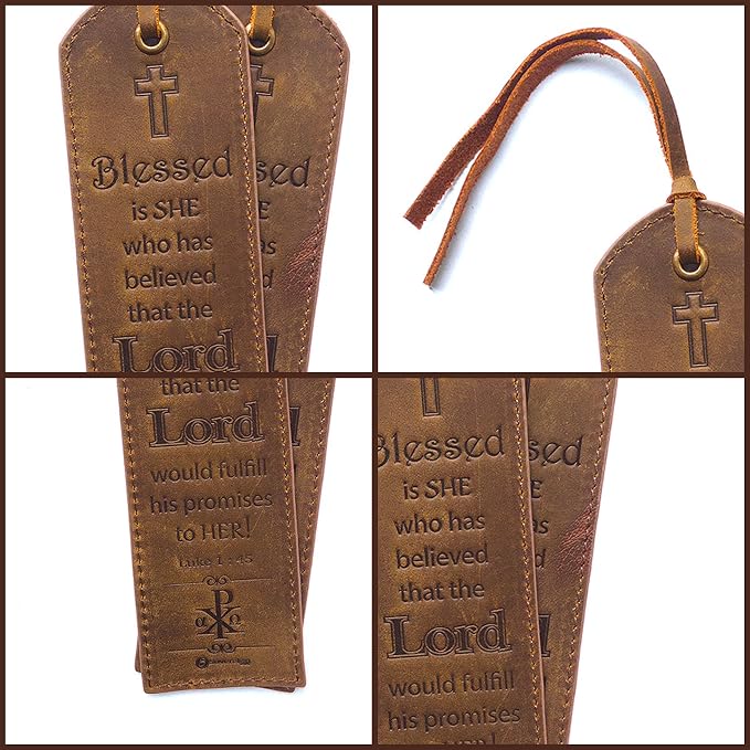 Leather Bible Bookmarks - 2 Leather Christian Bookmarks with Inspirational Bible Verse | Luke 1: 45 Blessed is She | Perfect Religious Book Marker Gifts for Men, Women, Readers and Friends