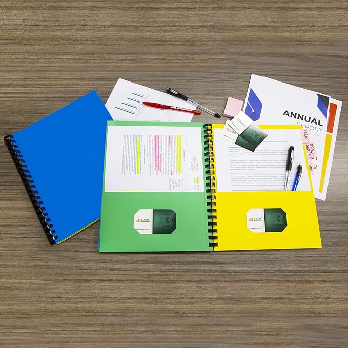 BAZIC Products 8 Pocket Folder Portfolio, Double Loop Wire Binding, Letter Size Paper Organizer for Office, School, Business, Presentations, Projects & Document Storage, 3-Pack