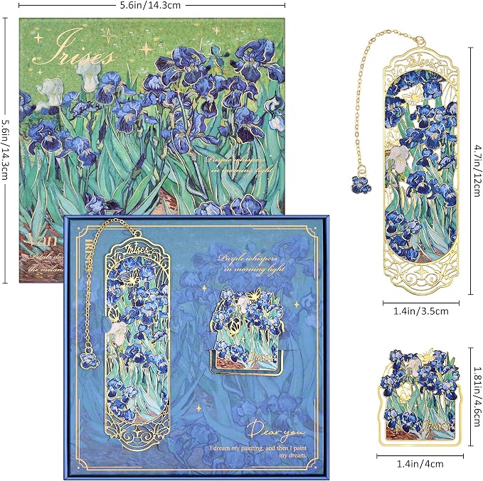 Luxury Metal Bookmark & Book Clip Gift Set, Oil Painting Themed Irises, 1 Bookmark with Pendant + 1 Book Clip, Elegant Christmas New Year Gift Box for Women Book Lovers Writers Readers Teenage