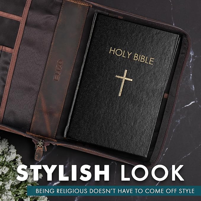 ELIZO Leather Bible Cover Bible Case for Men Women Genuine Leather Bible Bag Holder Cross Large Carrying with Zipper Case Protector Christian Religious Gifts for Mens Pioneer Study