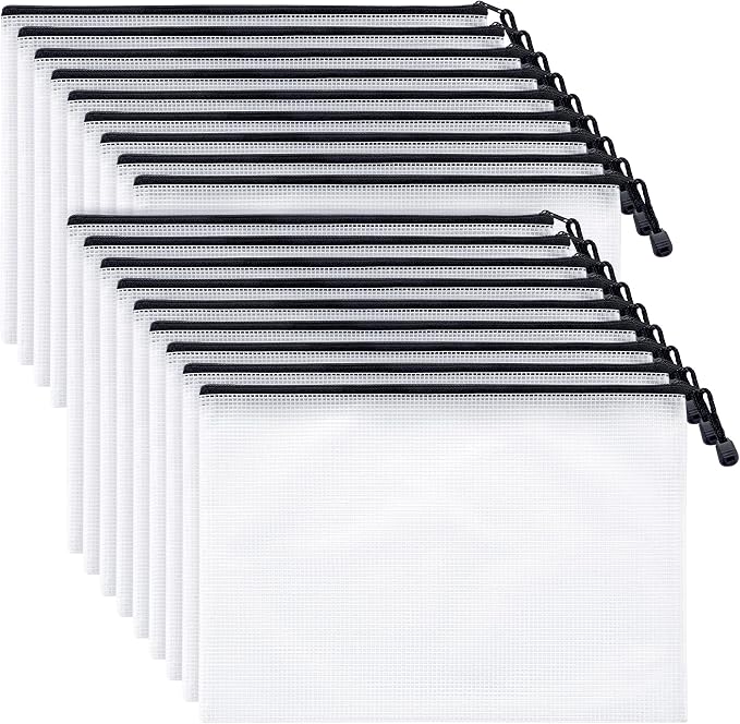 Mifflin-USA - Mesh Zipper Pouch Document Bag - Black, A4 Letter Size, 18 Pack - Clear Travel Zipper Bags - Waterproof Plastic Pouches - Large (L) Zip Pouch