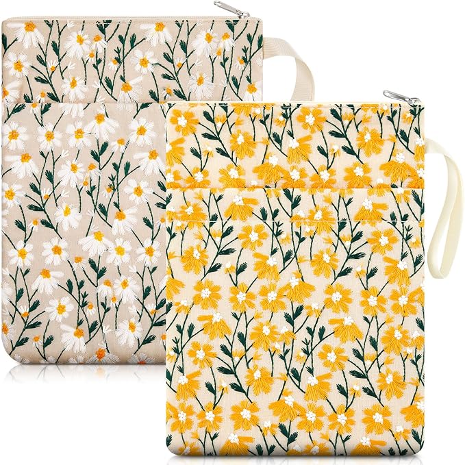 2 Pcs 12''x9'' Embroidered Daisy Book Sleeve with Handle Zipper for Book Lovers Washable Fabric Flower Sleeve Pouch for Paperbacks Hardcover, Christmas Gift for Reader Teacher Women Girls