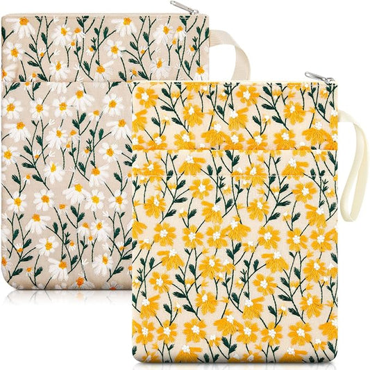 2 Pcs 12''x9'' Embroidered Daisy Book Sleeve with Handle Zipper for Book Lovers Washable Fabric Flower Sleeve Pouch for Paperbacks Hardcover, Christmas Gift for Reader Teacher Women Girls