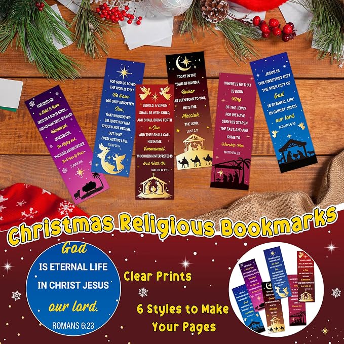 TICIAGA Christmas Nativity Bible Verses Bookmarks - 60PCS Jesus is The Sweetest Gift Christmas Bible Bookmark Bulk for Kids, Religious Prayer Bookmark Xmas Stocking Stuffers for Sunday School Rewards