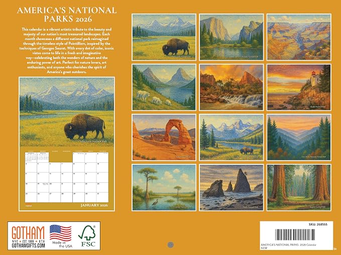 National Park Calendar 2026 Monthly Wall Calender 12 Month National Parks Gifts Pointillist Art Style | American Made In The USA
