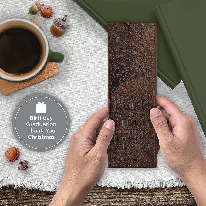Christian Art Gifts Premium Vegan Faux Leather Scripture Bookmark for Men: The Lord Is My Strength - Exodus 15:2 Inspirational Bible Verse Heat-Debossed, Faith-Based Reading Accessory with Cord, Brown